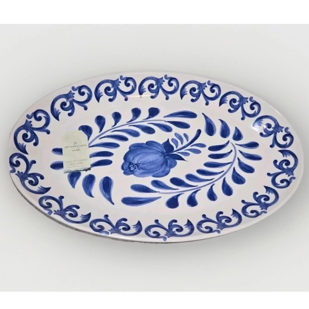 Artisan De Luxe Blue Rose Scroll Melamine Serving Tray Platter 17x10.5" New